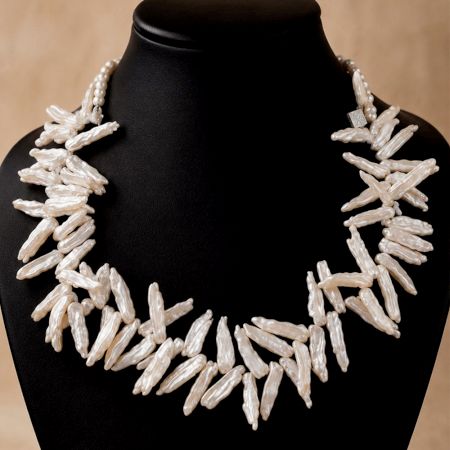 Handcrafted White Stick Pearl Fringe Statement Necklace